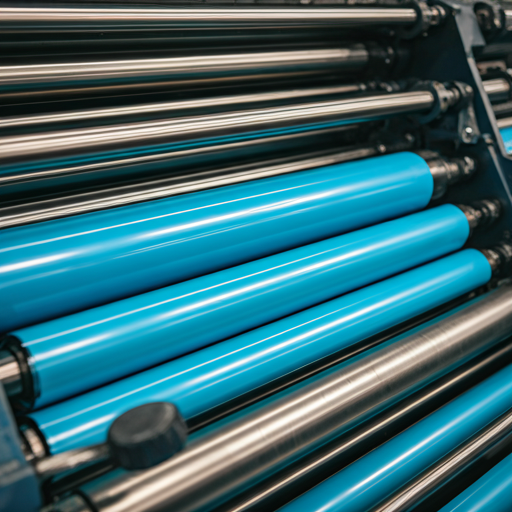 Close up of industrial offset printing press rollers covered in vibrant, thick cyan ink. The setting is a clean, modern manufacturing facility with precise mechanical components. Lighting is bright, technical, and highlights the glossy texture of the ink against the metallic rollers. The aesthetic is corporate, precise, and high-tech manufacturing.