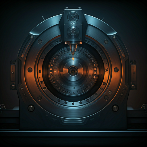 A sophisticated, high-tech industrial manufacturing facility showcasing advanced precision engineering machinery. The scene is illuminated by dramatic, modern lighting emphasizing metallic surfaces and deep navy shadows, establishing a corporate and authoritative aesthetic. Subtle energetic orange highlights reflect off the polished machinery components, symbolizing innovation and global reliability in industrial strength.