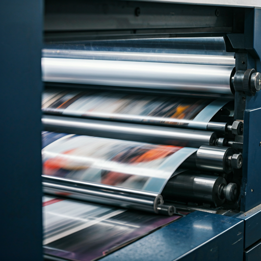 High-quality commercial offset printing press in operation. The scene is sharply focused on glossy, vibrant printed magazines moving through the rollers. The lighting is bright and clinical, emphasizing the clean, precise nature of modern commercial print facilities. Navy blue equipment frames the energetic movement.