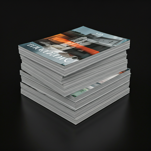 A stack of glossy, high-end magazines focused on design and architecture. The cover art features vivid, accurate color reproduction and deep blacks. The scene is brightly lit, highlighting the sleek finish of the printed pages. The style is modern, editorial, and technically flawless.