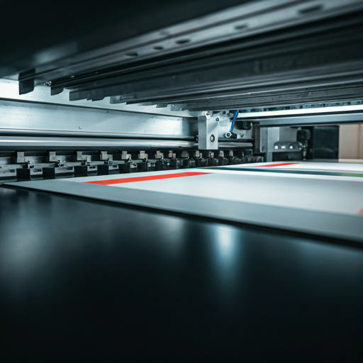 Precision die-cutting and folding machines producing high-end consumer packaging boxes. The focus is on the sharp, clean lines of folded carton board with vibrant printed colors. The environment feels technical and exact, utilizing a color palette of sterile white and deep industrial navy blue.