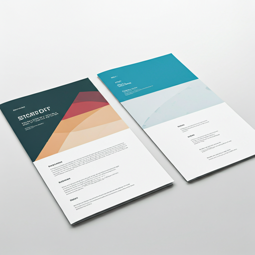 High quality corporate annual reports spread out on a clean white desk. The printing is sharp, featuring crisp typography and vibrant, accurate color blocks. The lighting is bright and professional, emphasizing the premium quality of the printed materials. The overall aesthetic is clean, corporate, and precise.
