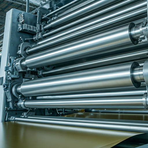 Industrial printing press applying high-gloss varnish