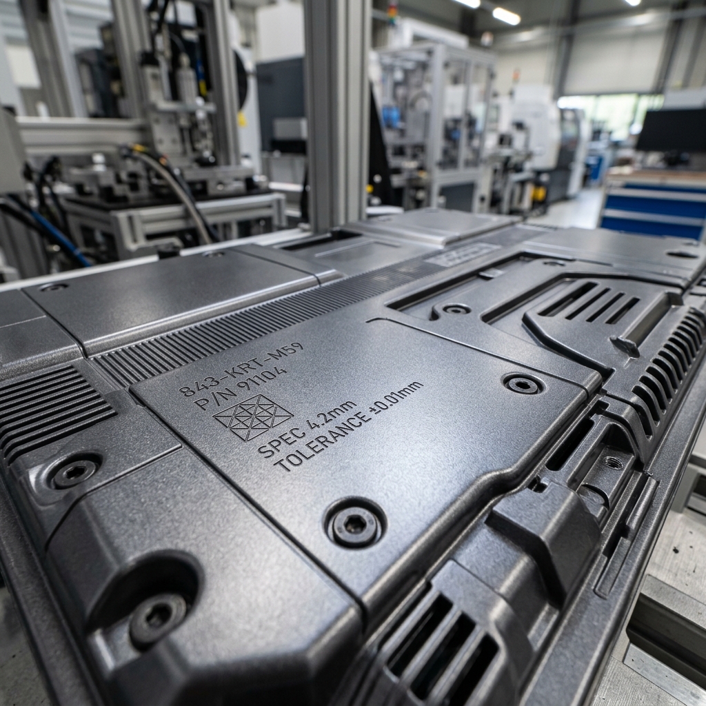 Background showing highly technical plastic material surface with subtle light reflections, establishing an industrial and precision engineering mood
